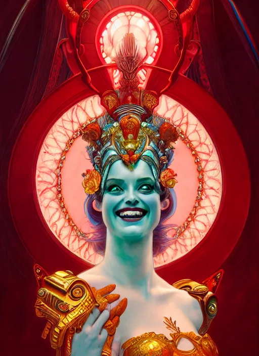 Image similar to the goddess hera laughing maniacally, paper tunic, glowing eyes, volumetric lights, red and cyan theme, art nouveau botanicals, intricate, highly detailed, digital painting, artstation, concept art, smooth, sharp focus, cinematic, illustration, art by artgerm and greg rutkowski and alphonse mucha