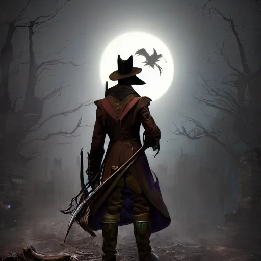Image similar to a detailed 3 d render of darkwing duck dressed as the hunter from bloodborne, let's get dangerous, digital art, dark fantasy, concept art, soulslike, by alphonse mucha, blood moon eclipse, wherewolves in a ruined building in the background, artstation, 8 k, unreal engine render