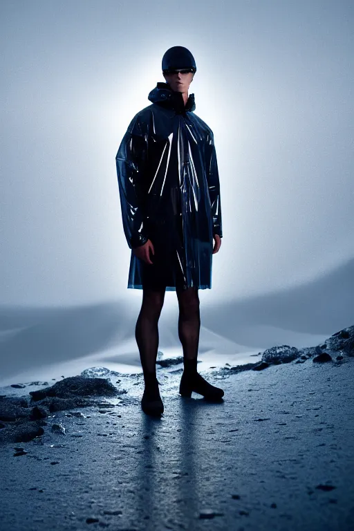 Image similar to an ultra high definition professional high fashion portrait studio full length photograph of a male model wearing a transparent pearlescent raincoat and neon visor in an icelandic black rock environment at dawn. no artefacts. extremely detailed. stark. refraction. shallow depth of field. volumetric light and shadow. ray tracing. light rays.