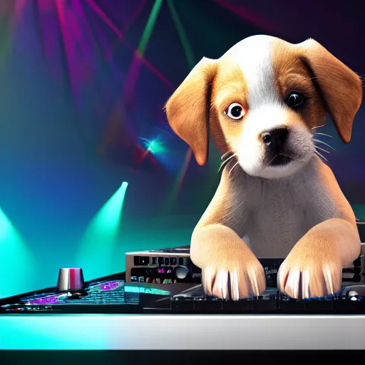 Image similar to puppy as a DJ, 8k, volumetric lighting, hyper realistic