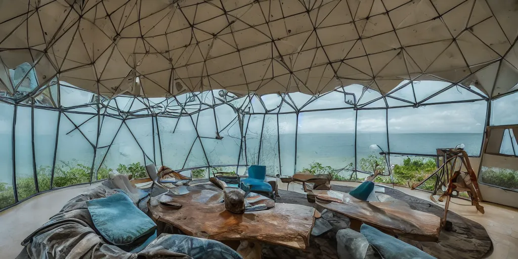 Prompt: interior of a home that is an underwater concrete geodesic dome