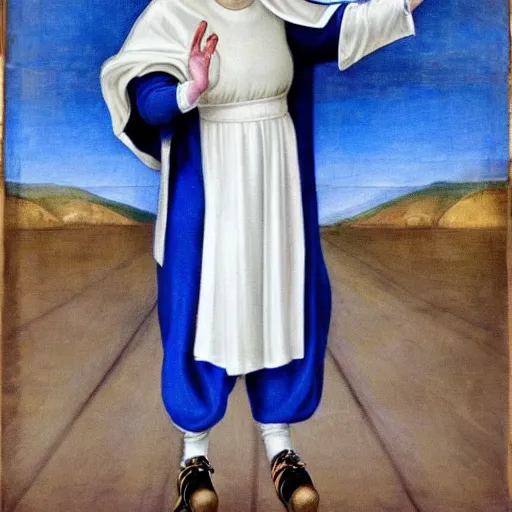 Image similar to blonde nun in blue clothes on roller skates, body shot, in the style of michaelangelo