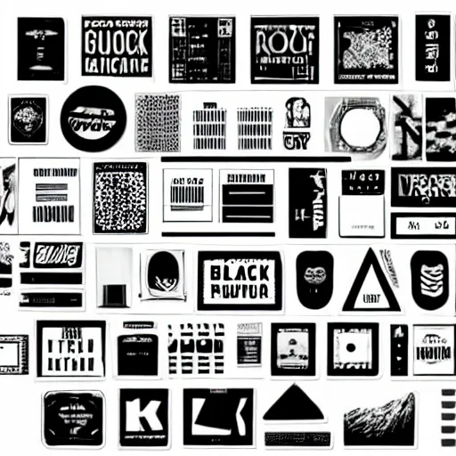 Image similar to black on white graphic design sticker sheet in style of david rudnick, eric hu, guccimaze, acid, y 2 k, 4 k sharpening,