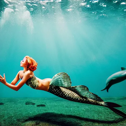 Prompt: photograph of a mermaid swimming underwater with dolphins