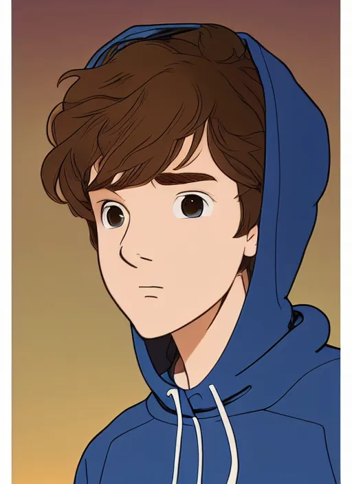 Image similar to teen boy with brown hair and big blue eyes, wearing a hoodie, natural lighting, path traced, highly detailed, high quality, cartoon, digital painting, by don bluth and ross tran and studio ghibli and alphonse mucha