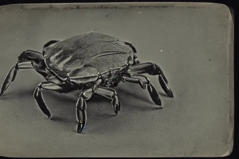 Image similar to a tintype photo of a half-goat half-crab creature, hybrid