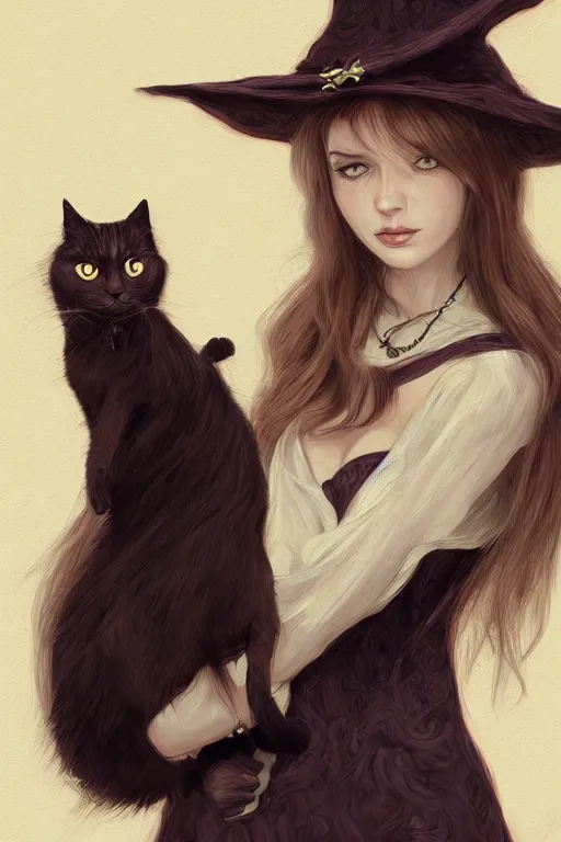 Image similar to A extremely beautiful portrait of a cute witch and her cat, surreal, ultradetailed, intricate, elegant, lithe, detailed, digital painting, artstation, concept art, smooth, sharp focus, illustration