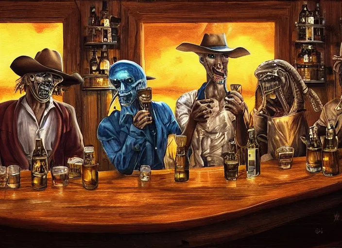 Prompt: aliens drinking whiskey in a western bar, painting, detailed, sharpness, moody