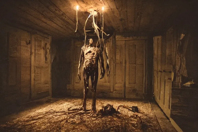 Prompt: film still of an oily vaguely human abomination with carapace and antennae clinging to the ceiling of an old cabin's living room, horror movie, eerie, creepy, dark, amazing lighting, great cinematography, directed by scott derrickson