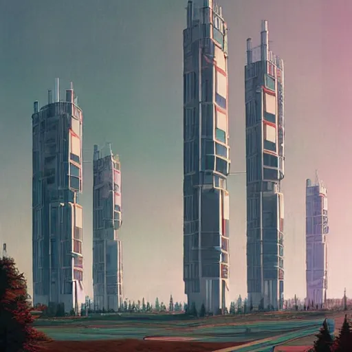 Image similar to tall futuristic buildings by Yusei Uesugi and Simon Stålenhag