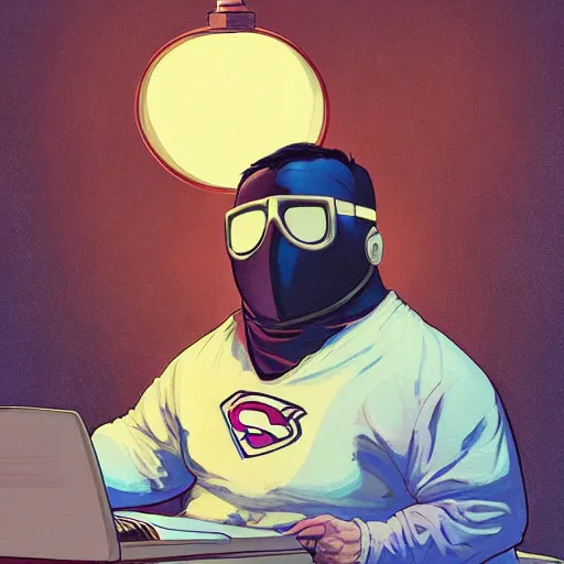 Image similar to an insanely detailed painting of a chubby nerdy asian man wearing a homemade superhero costume and mask, sitting at a computer desk typing on the keyboard, in the style of peter mohrbacher, dramatic lighting and composition, trending on artstation, concept art, comic book, graphic novel, back view