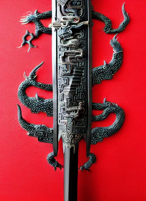 Prompt: an ancient chinese dragon sword, elf, warrior, mage, male, red and black, photoreal