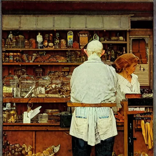 Prompt: old general store, headless person approaches the counter, by norman rockwell, tonal color scheme, antique, retro atmosphere.