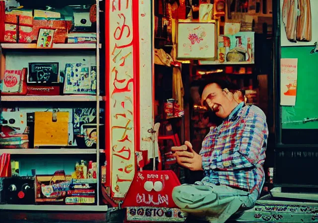 Image similar to home photography portrait, A shop keeper person of the SHOME, floor, signboards , poster ; summer, Color VHS picture quality with mixed noise