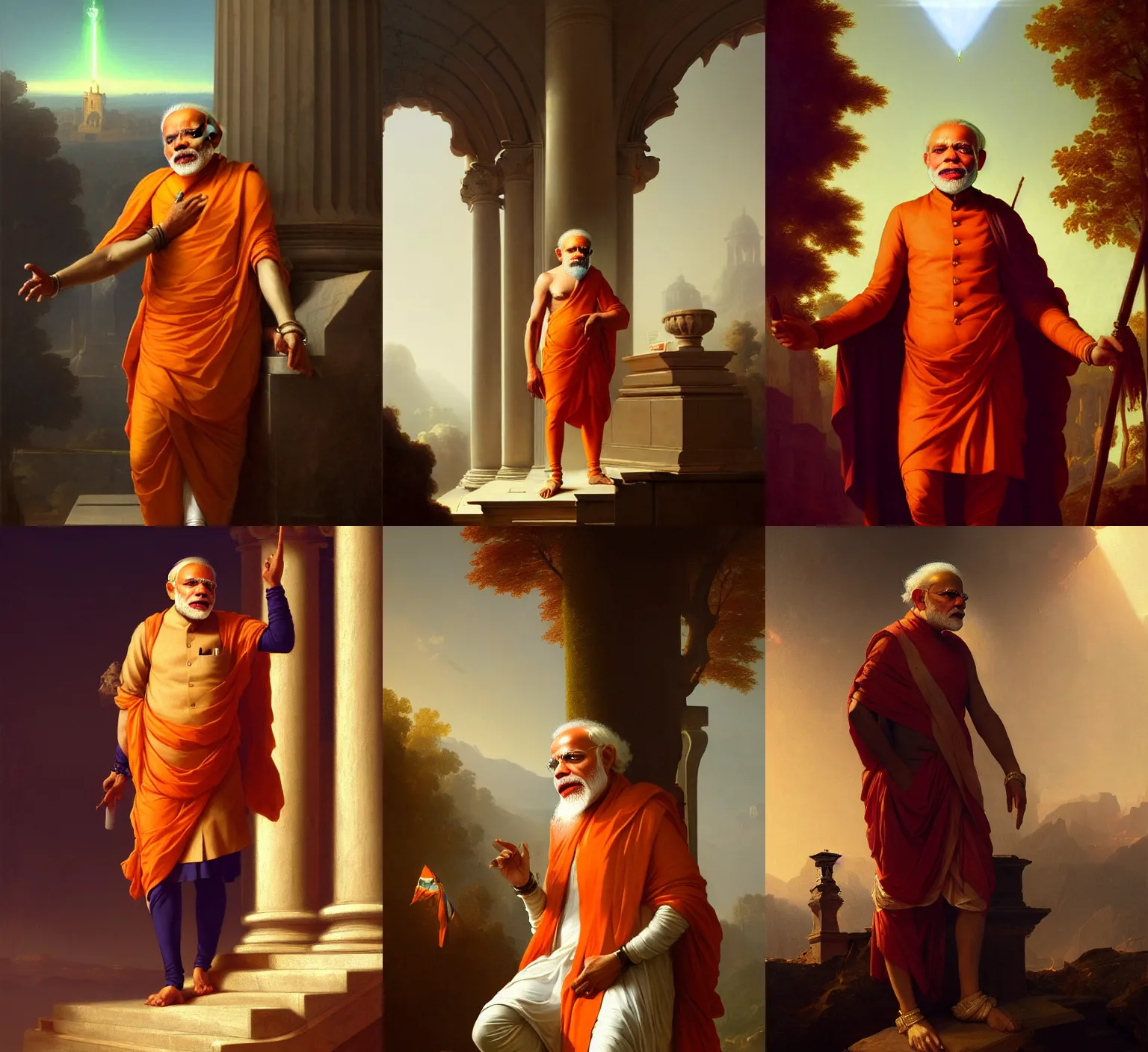 Prompt: neoclassical gothic portrait of stoned tripping narendra modi as a watchman, by greg rutkowski, by jacques - louis david, trending on artstation, featured on pixiv, masterpiece, oil on canvas, cinematic composition, brilliant lighting,