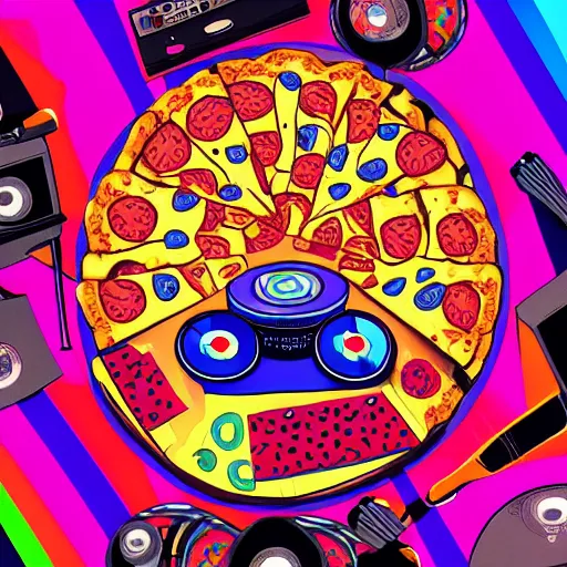Prompt: album cover of a DJ table with pizza's for vinyl's, psychedelic, 16k, trending on artstation