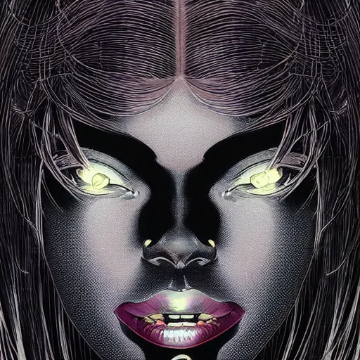 Image similar to portrait closeup of screaming black reflective glossy dark beautiful woman with lights hair, sensual pose, symmetrical, glitches, by yoichi hatakenaka, masamune shirow, josan gonzales and dan mumford, ayami kojima, takato yamamoto, barclay shaw, karol bak, yukito kishiro, moebius