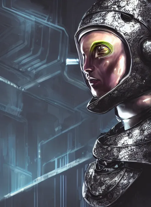 Image similar to of a hyper realistic digital art portrait of a cyberpunk war cleric in a futuristic pearl armor, tech helmet, dark gloomy environment two moons