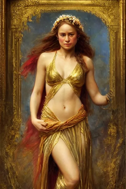 Prompt: portrait of brie larson as a greek goddess. art by gaston bussiere.