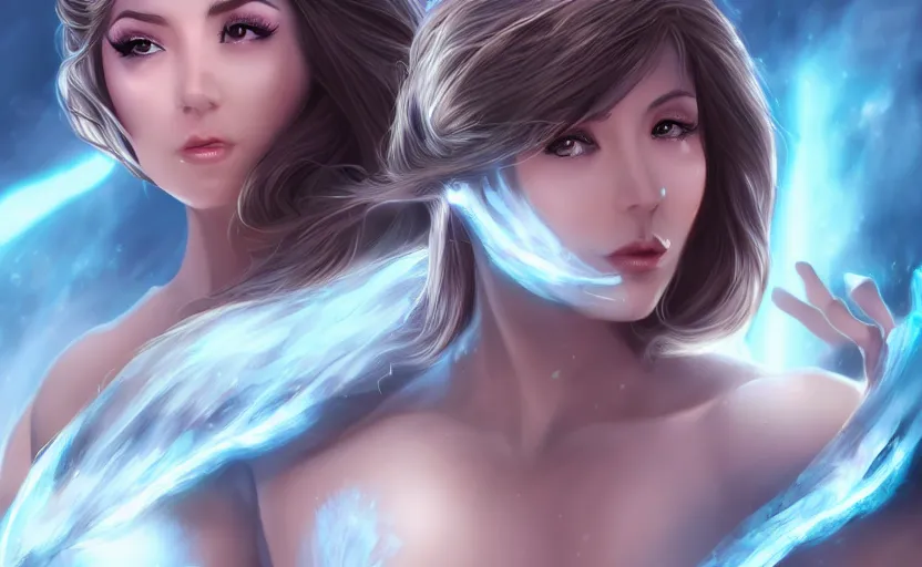 Image similar to Powerfull godess of ice by Artgerm, trending in Art Station, ahestetic, full body, cinematic lighting, 4k