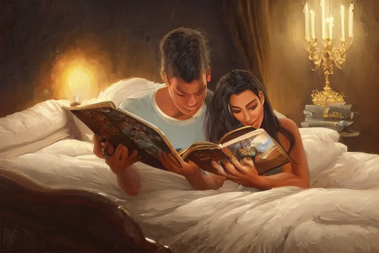 Image similar to portrait of kim kardashian reading a bedtime story to joe biden in bed, an oil painting by ross tran and thomas kincade