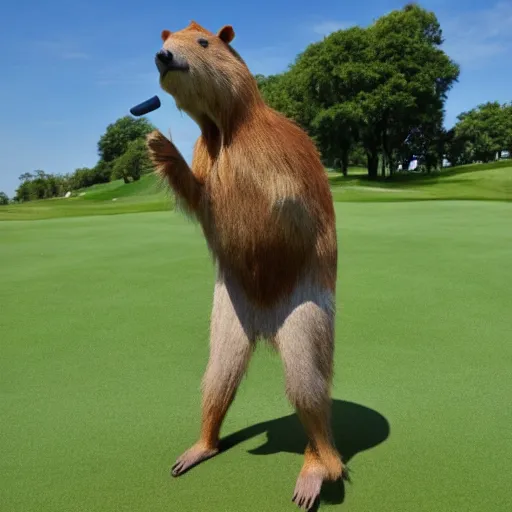 Prompt: Realistic anthropomorphic Capybara playing golf outside