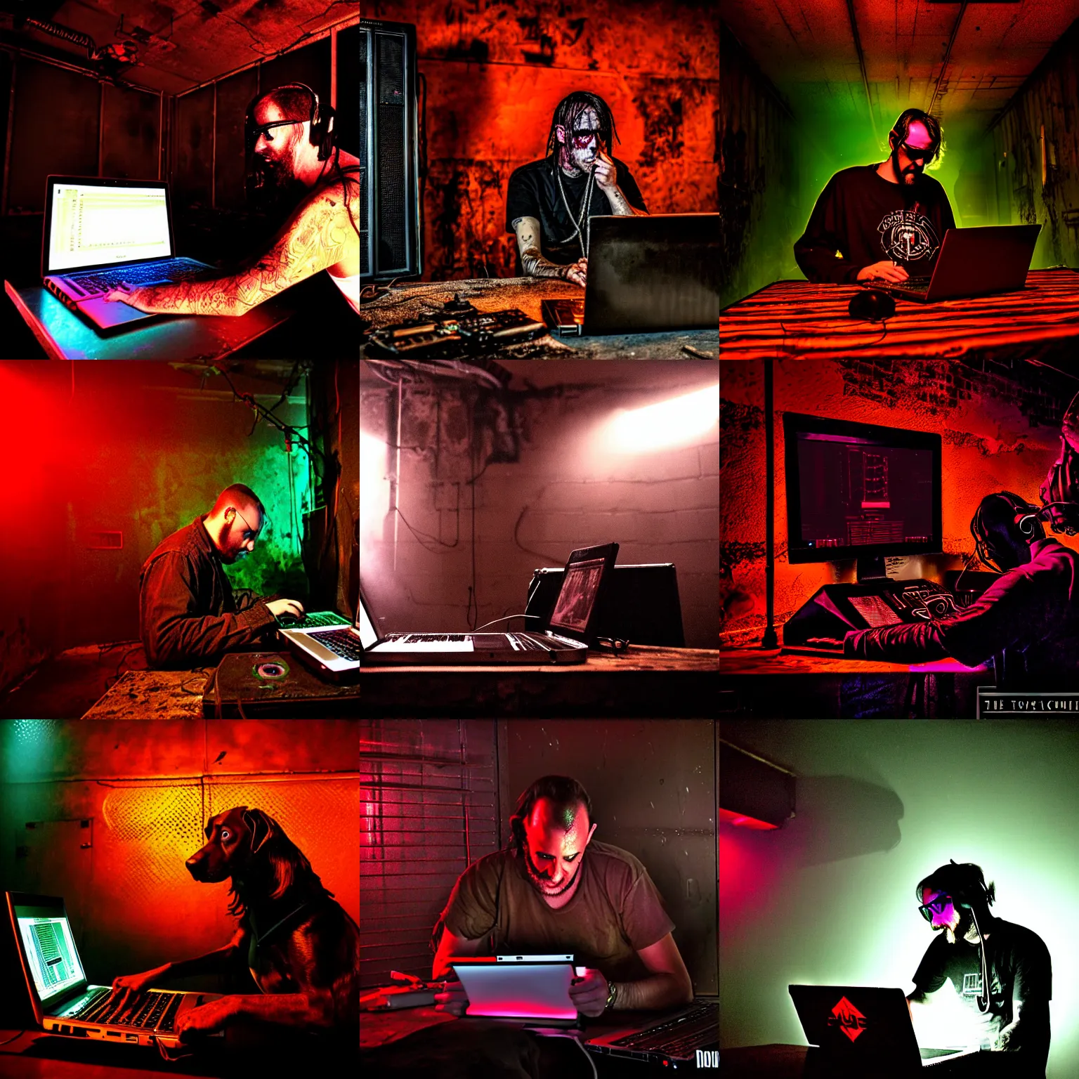 Image similar to the brown hound dog mad mutt mixing industrial music on a laptop in an apocalypsecore setting, as strange colored lighting covers the rusty walls.