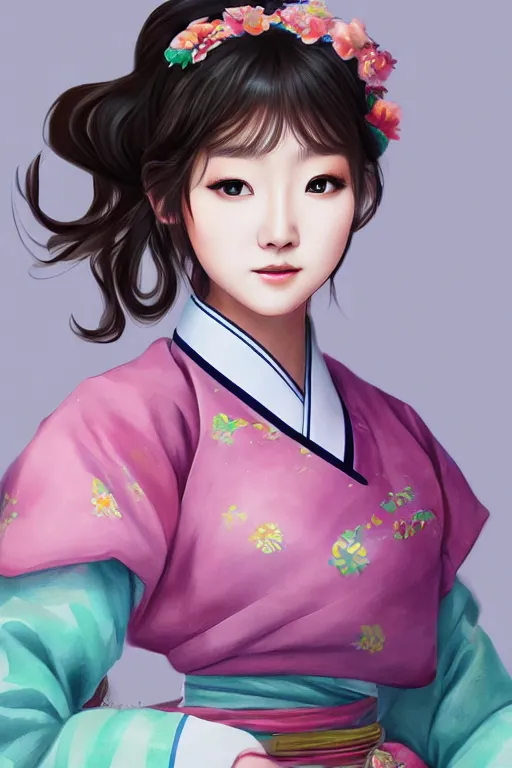 Prompt: pretty korean woman wearing beatiful hanbok, face by artgerm, bright pastel colors, trending on artstation