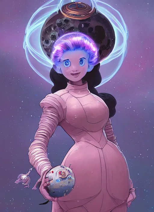 Prompt: beautiful planet cottagecore princess rosalina holding a bob - omb wearing a scifi space jetsuit by laurie greasley, intricate bioluminescent highly detailed, digital painting, concept art, symmetrical face, octane render unreal engine meta humans, smooth, sharp, focus, illustration, art by artgerm and greg rutkowski and alphonse mucha, artstation