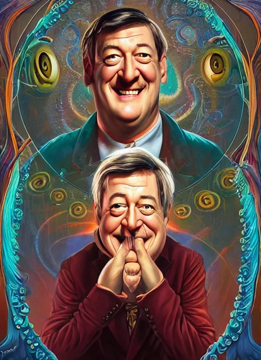 Image similar to lovecraftian portrait of happy stephen fry, pixar style, by tristan eaton stanley artgerm and tom bagshaw