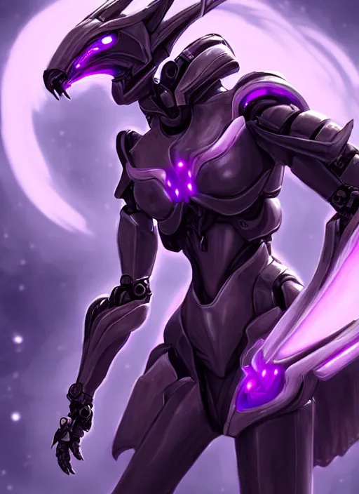 Image similar to cinematic goddess close shot, beautiful stunning anthropomorphic robot mecha female dragon, sleek head, metal ears, led purple eyes, smooth fuschia skin, smooth silver armor, floating in space, holding a galaxy, epic proportions, epic size, epic detail, furry art, dragon art, giantess art, warframe fanart, furaffinity, octane