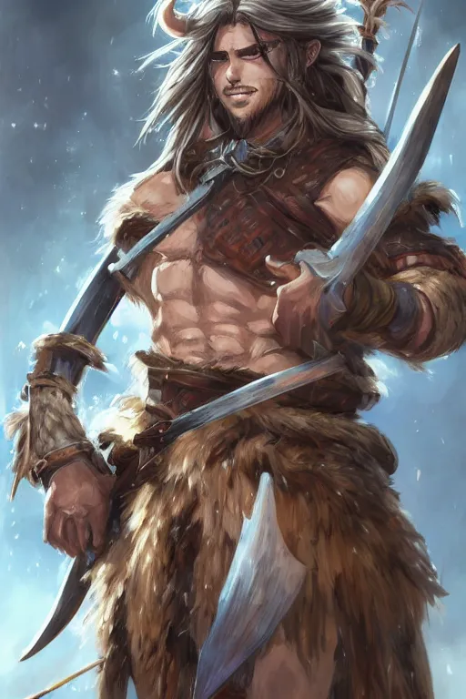 Image similar to A realistic anime portrait of a young handsome male barbarian with long wild hair, intricate fantasy spear, plated armor, D&D, dungeons and dragons, tabletop role playing game, rpg, jrpg, digital painting, by Stanley Artgerm Lau, Sakimichan, WLOP and Rossdraws, digtial painting, trending on ArtStation, SFW version