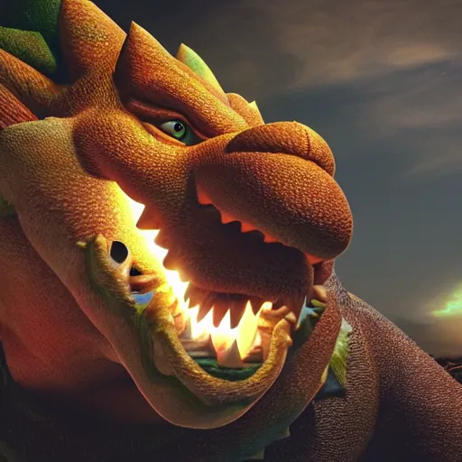 Image similar to stunning awe inspiring hyperrealistic bowser, highly detailed, movie still 8 k hdr atmospheric lighting