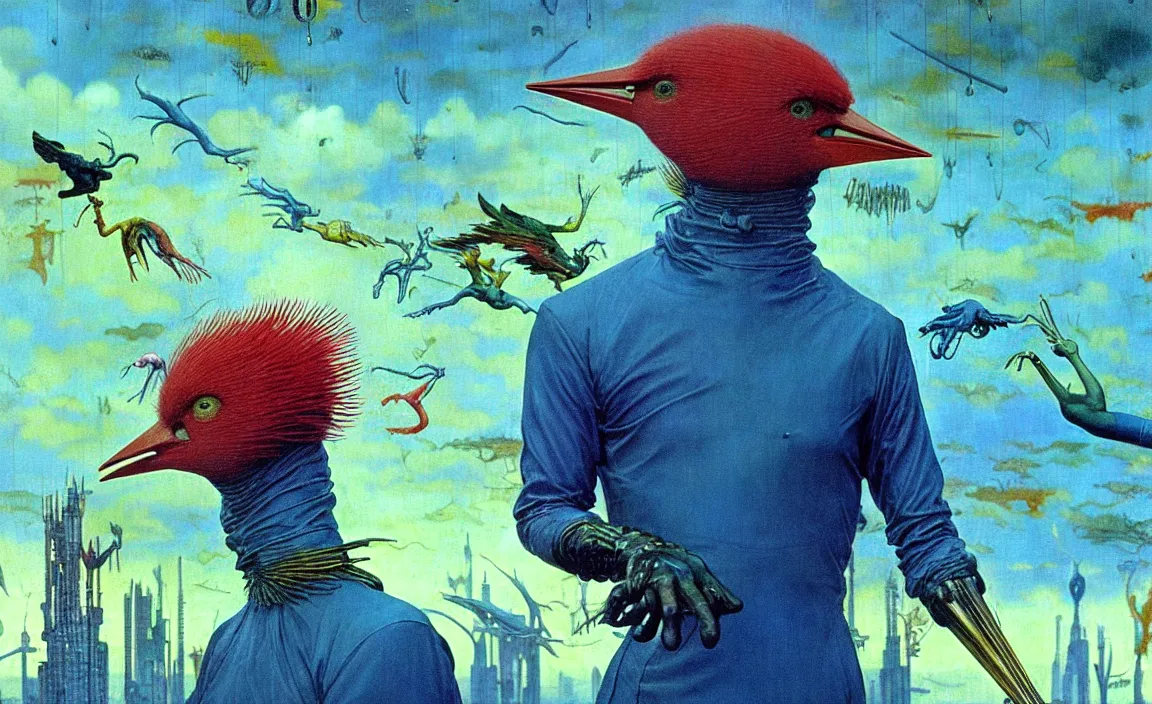 Image similar to realistic detailed portrait movie shot of a birdman wearing glossy sheer raincoat, sci fi city landscape background by denis villeneuve, amano, yves tanguy, alphonse mucha, ernst haeckel, max ernst, roger dean, masterpiece, rich moody colours, dog teeth, blue eyes