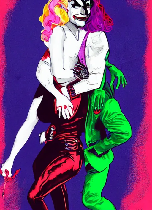 Image similar to lady gaga harley queen and joaquin phoenix joker by mimmo rottela