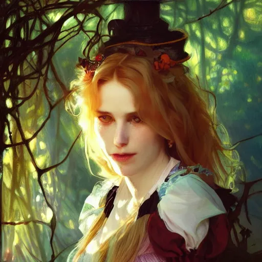 Image similar to close up portrait of alice in wonderland, magical forest, dramatic lighting, high detail, painted, by greg rutkowski, painted by stanley artgerm, painted by alphonse mucha, trending on artstation