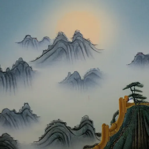 Prompt: paint, great Chinese Palace, cloud, mountain,miracle