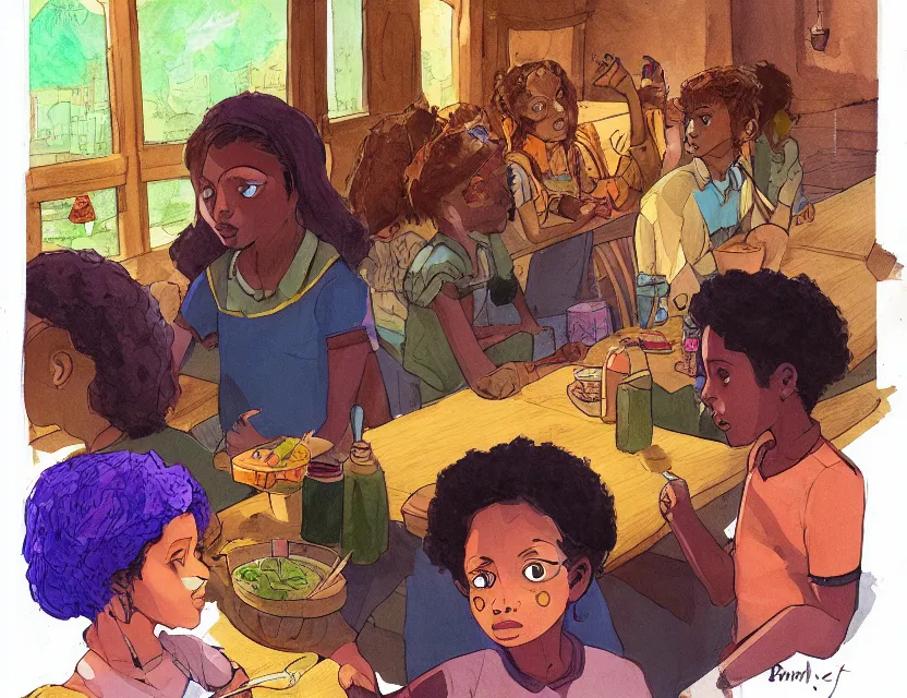 Prompt: brown - skinned witch kids in a suspicious cafe. complementary colors, copic markers, indie concept art, bloom, chiaroscuro, backlighting, intricate details.