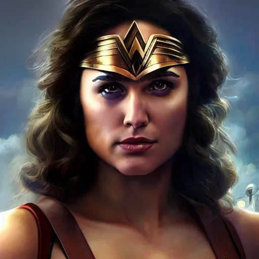 Image similar to devito!!! devito!!! as wonder woman, digital painting, extremely detailed, 4 k, intricate, brush strokes, mark arian, artgerm, bastien lecouffe - deharme