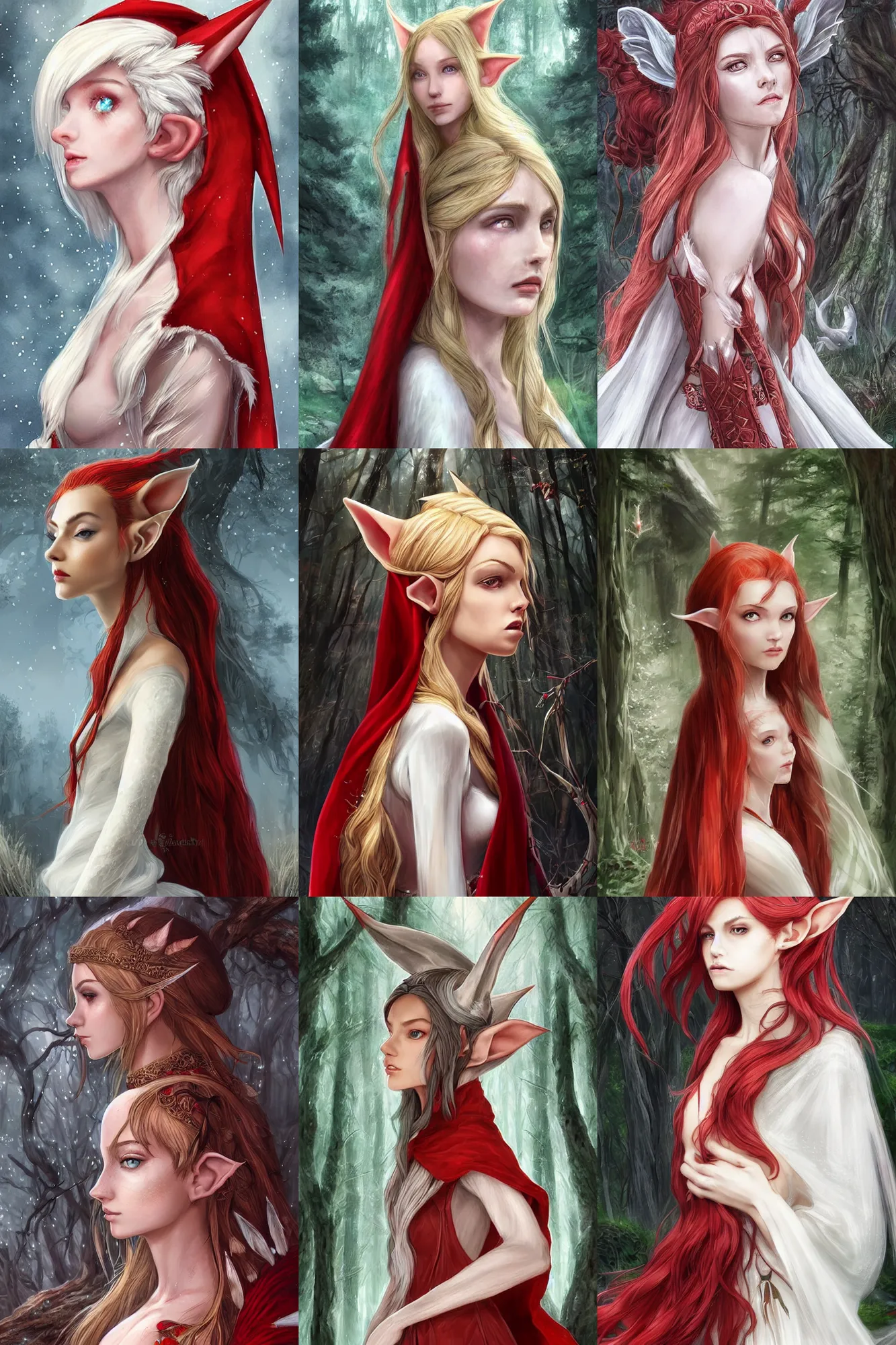 Prompt: side portrait headshot high-fantasy elf girl with detailed pointed sharp long ears, translucent off-white gown and red cloak, fantasy forest landscape, intricate!!!, highly detailed!!!, moonshine, fantasy magic, feathery red hair, dark light night, intricate, elegant, sharp focus, illustration, highly detailed, digital painting, concept art, matte, art by WLOP and Artgerm and Greg Rutkowski and Alphonse Mucha, masterpiece