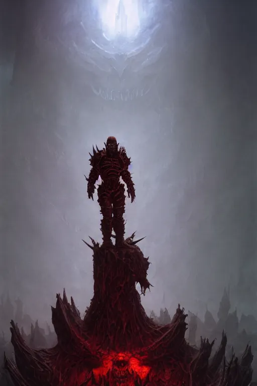 Image similar to portrait of doom slayer wearing his armor standing on top of a pile of demon corpses, heroic pose, by Zdzislaw Beksinski, id software, gothic, amazing details, volumetric lighting, 8k, cold hue's, warm tone gradient background