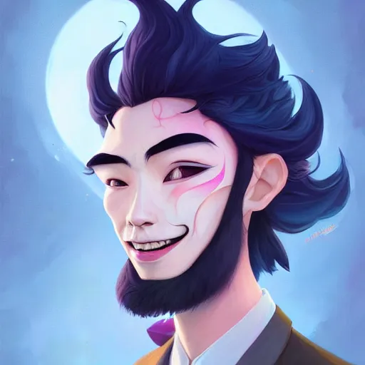 Image similar to a portrait of a cinematic still of the happy mask salesman, art by lois van baarle and loish and ross tran and rossdraws and sam yang and samdoesarts and artgerm and saruei and takaya imamura, digital art, highly detailed, intricate, sharp focus, trending on artstation hq, deviantart, unreal engine 5, 4 k uhd image