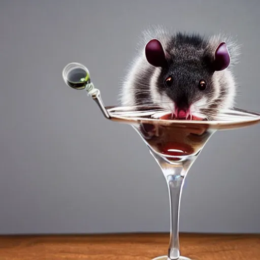 Prompt: possum with a tiny wine glass, photography