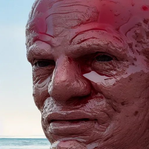 Prompt: a giant human head sculpture in the sea made out of juicy and transparent red jelly, looking like benjamin netanyahu, long shot, hyper detailed, hyper realistic, ray tracing, 8 k resolution, sharp focus, realistic water, award winning