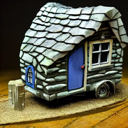 Image similar to strange darkness tiny house by Tim Burton, (by Tim Burton) dark forest background, volumetric lighting