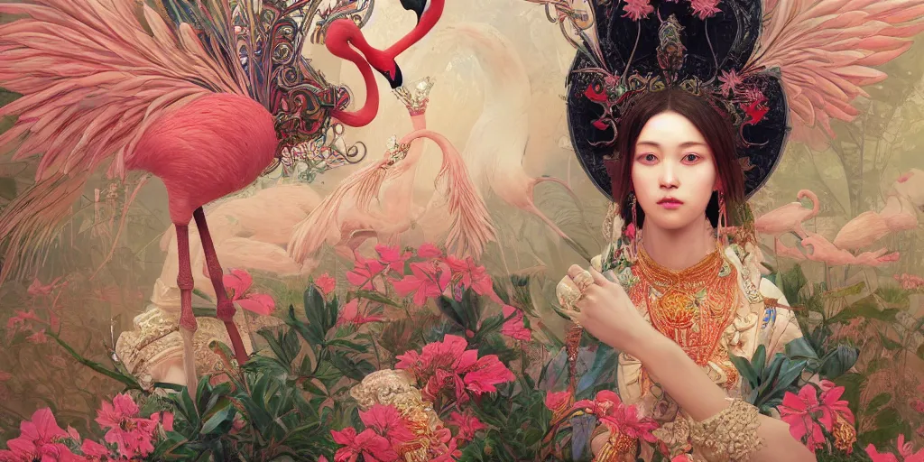 Image similar to breathtaking detailed concept art painting of the goddess of flamingo, orthodox saint, with anxious, piercing eyes, ornate background, amalgamation of leaves and flowers, by Hsiao-Ron Cheng and John James Audubon, extremely moody lighting, 8K