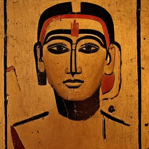 Image similar to fayum portrait of a man using a computer, mummy portrait, from egypt, from luxor, on wood