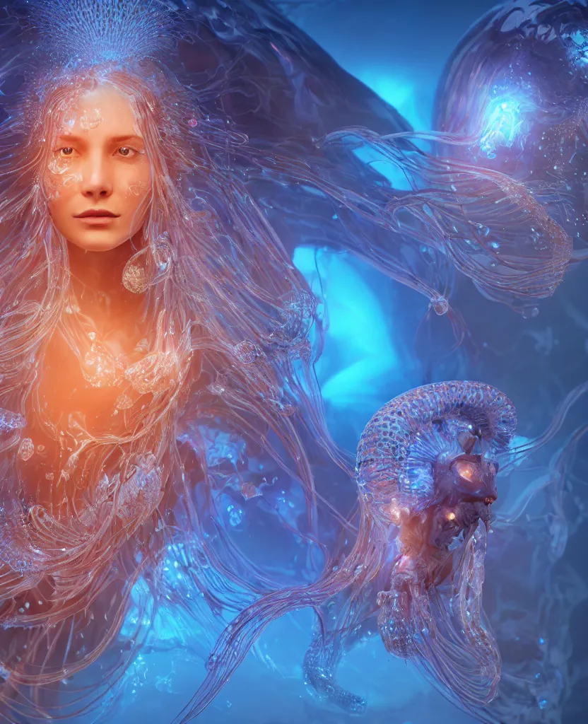 Image similar to close-up macro portrait of the face of a beautiful princess, epic angle and pose, symmetrical artwork, 3d with depth of field, blurred background, cybernetic jellyfish female face skull phoenix bird, translucent, nautilus, energy flows of water and fire. a highly detailed epic cinematic concept art CG render. made in Maya, Blender and Photoshop, octane render, excellent composition, cinematic dystopian brutalist atmosphere, dynamic dramatic cinematic lighting, aesthetic, very inspirational, arthouse. y Greg Rutkowski, Ilya Kuvshinov, WLOP, Stanley Artgerm Lau, Ruan Jia and Fenghua Zhong