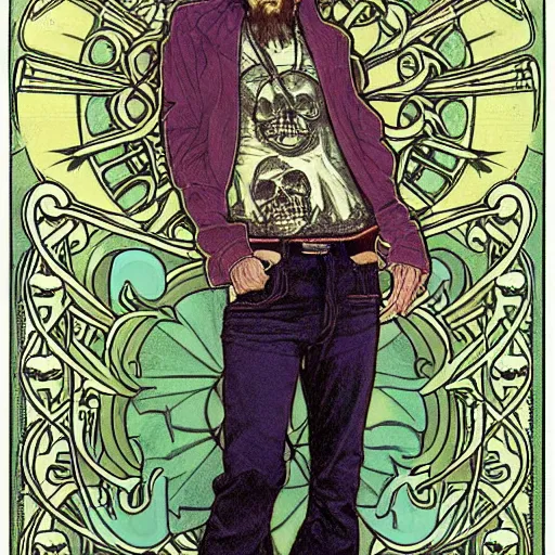 Image similar to man wearing JNCO jeans and a skull shirt from Hot Topic holding an iPod and listening to Linkin Park, art nouveau, exquisitely detailed illustration by Alphonse Mucha