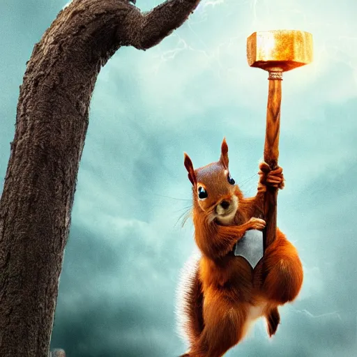 Image similar to the squirrel thor ~ holding his hammer ~ dramatic thunder background ~ fighting scene ~